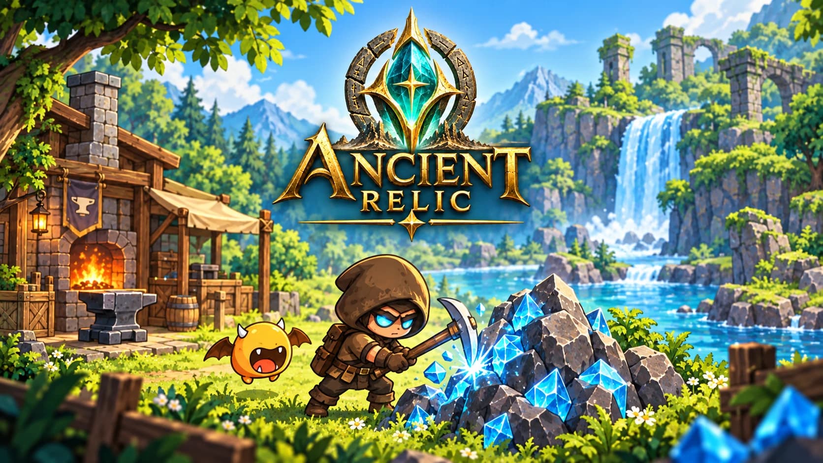 Ancient Relic cover art: a hooded adventurer mining crystals beside a forest forge and waterfall.