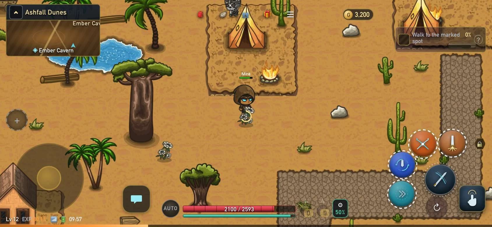 Ancient Relic gameplay: exploring a desert camp in Ashfall Dunes.