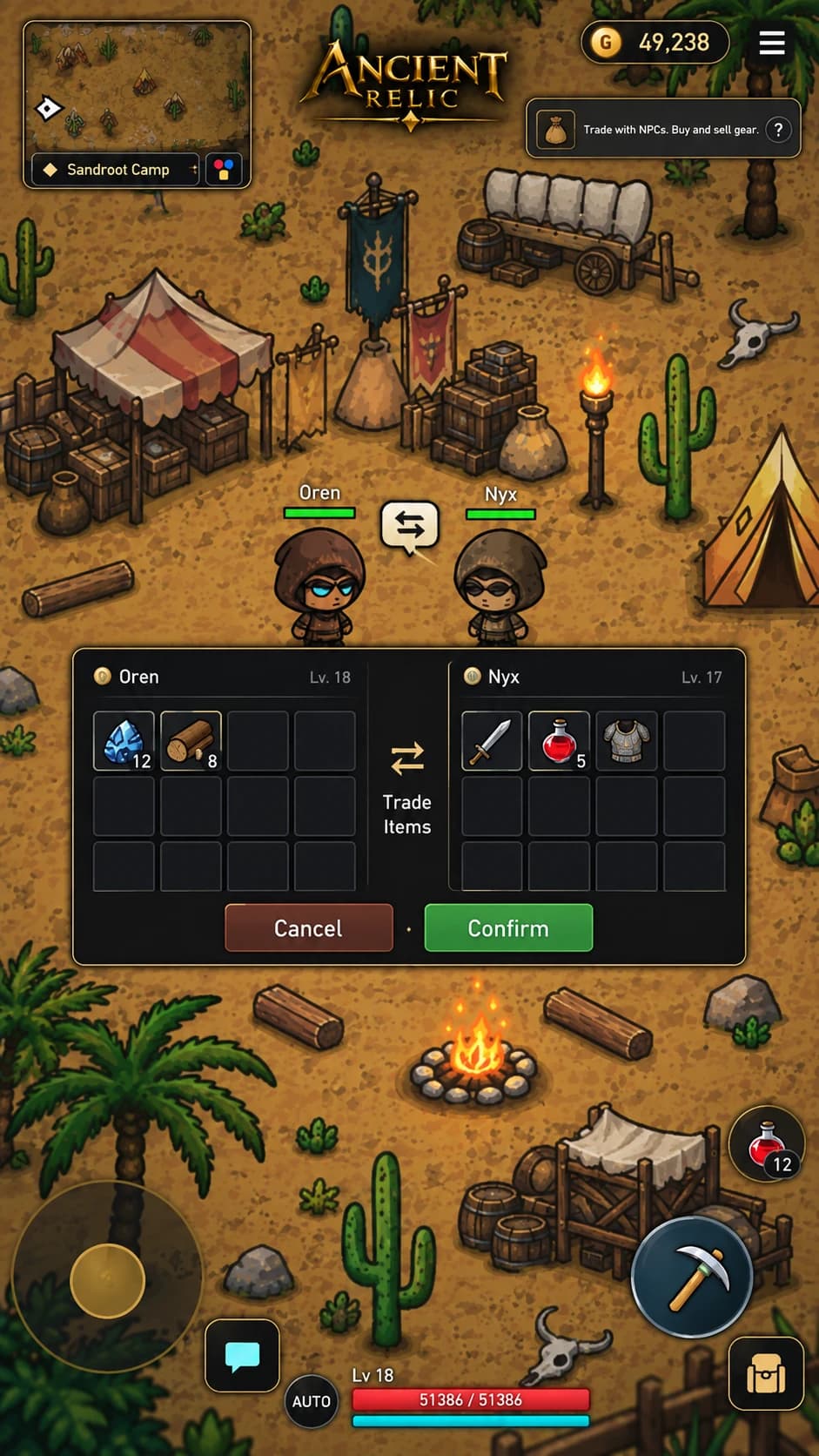 Ancient Relic: Oren and Nyx trading items at Sandroot Camp.