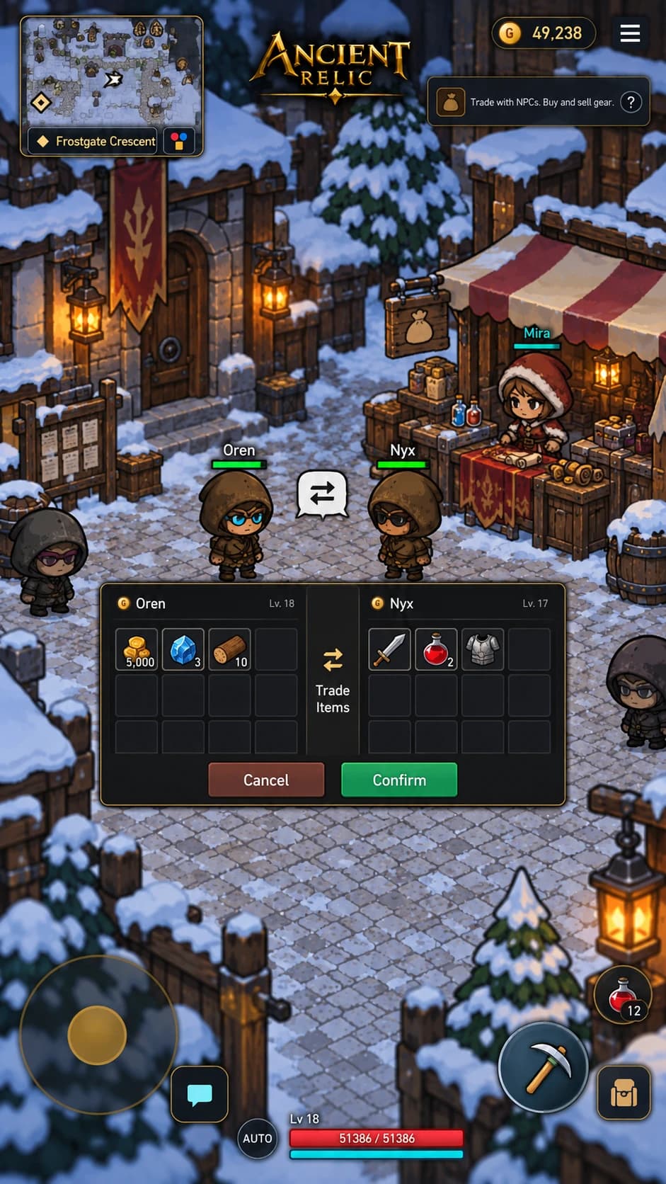 Ancient Relic: Item trading beside the snowy market in Frostgate Crescent.