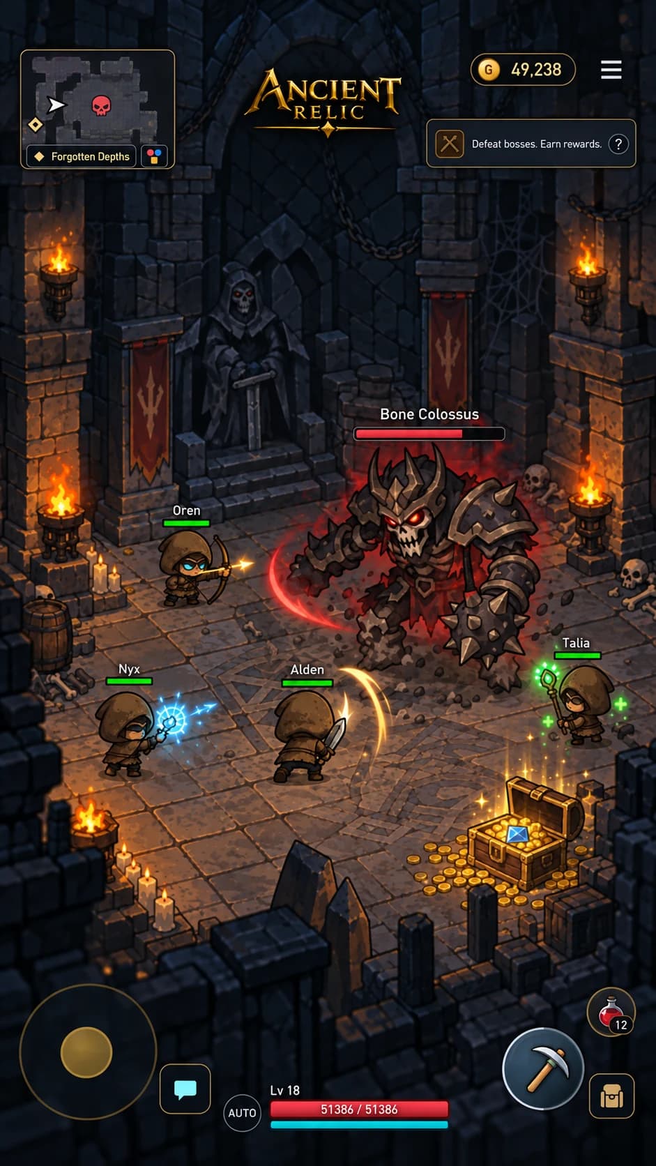 Ancient Relic: A party facing the Bone Colossus in Forgotten Depths.