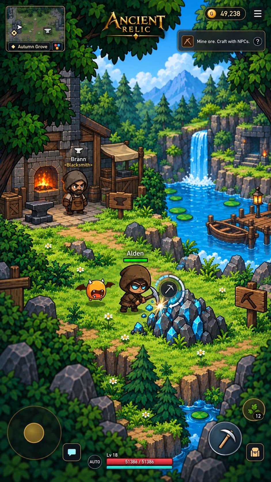 Ancient Relic: Mining blue crystals beside the forge in Autumn Grove.