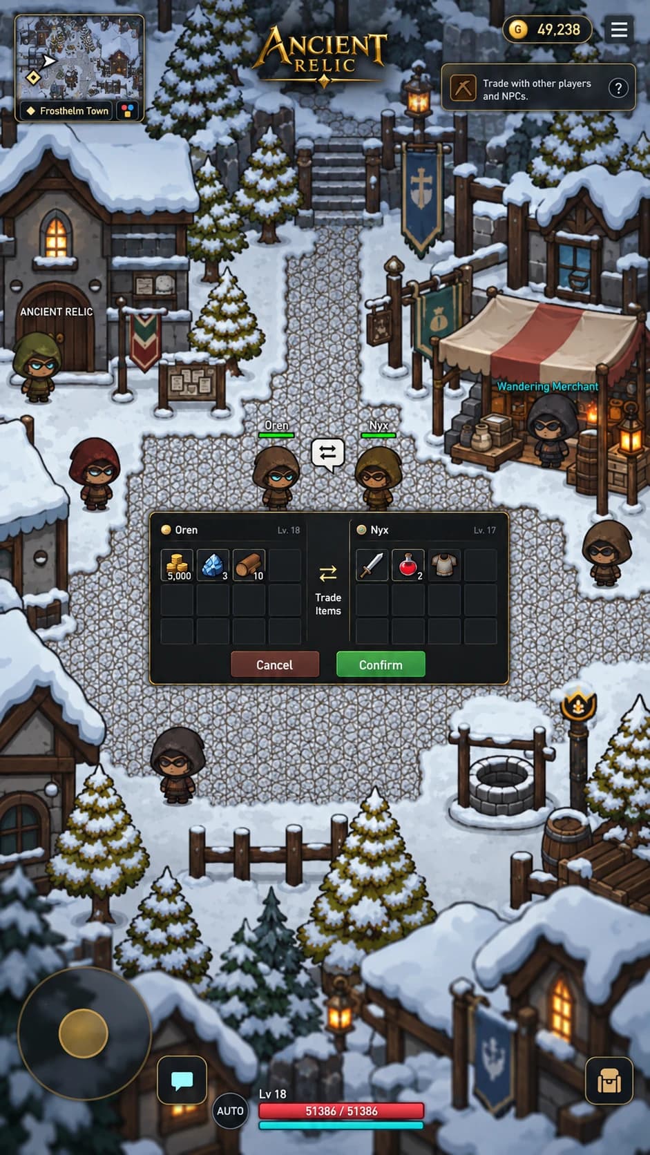 Ancient Relic: Players trading in the snow-covered streets of Frosthelm Town.