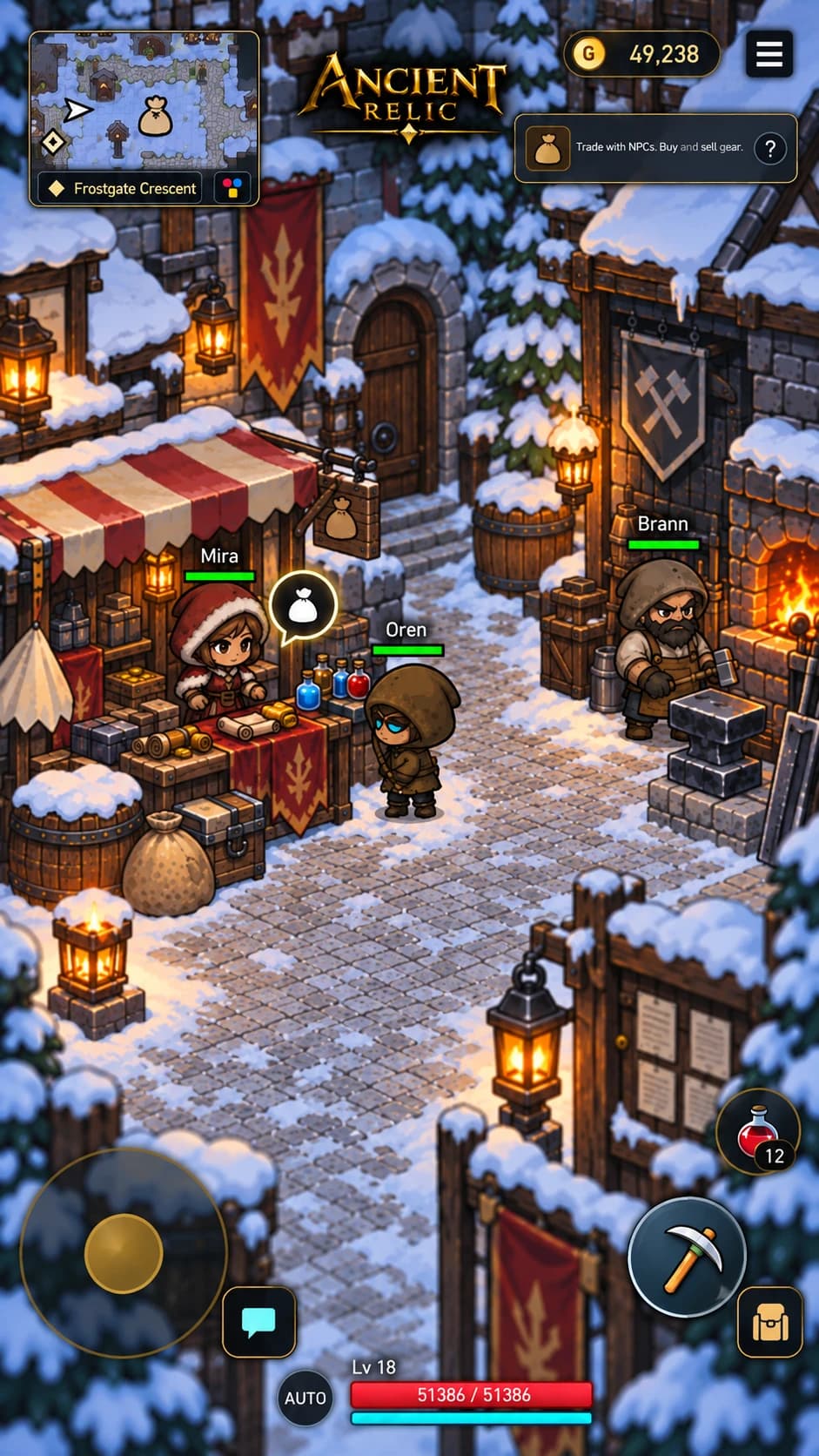 Ancient Relic: The merchant Mira and blacksmith Brann in Frostgate Crescent.